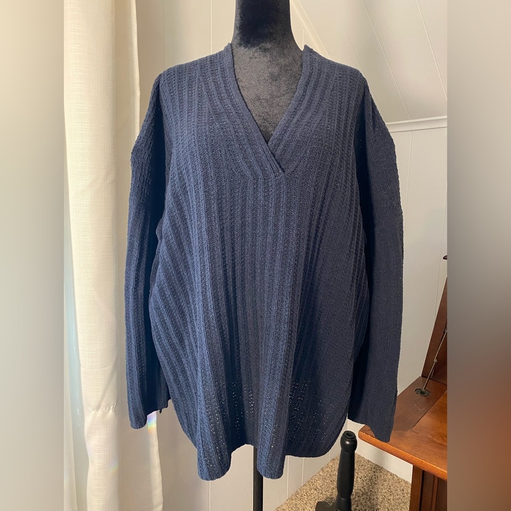 J. Jill Navy Blue Long Sleeve V-Neck Chenille Sweater XL Tall